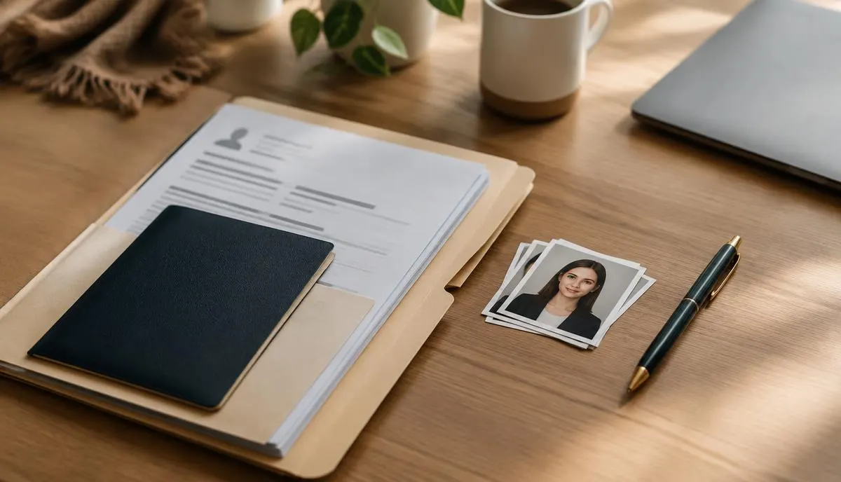 A folder of personal documents and photos prepared on a desk