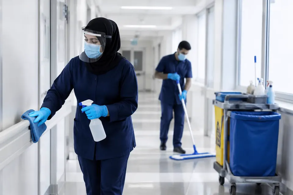 Cleaning personnel maintaining a healthcare corridor with protective clothing