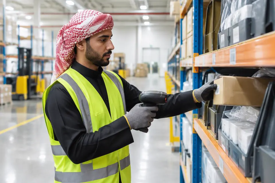 Warehouse worker scanning inventory on organized shelving